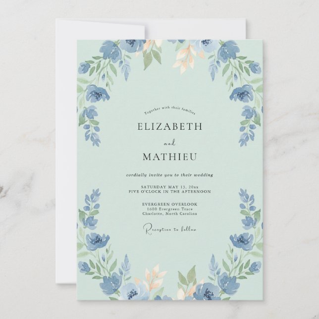 Invitation Mariage Pivoine Ciel Bleuet (Devant)
