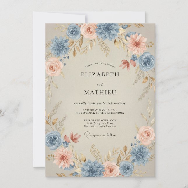 Invitation Mariage Pivoine Corail Acier (Devant)