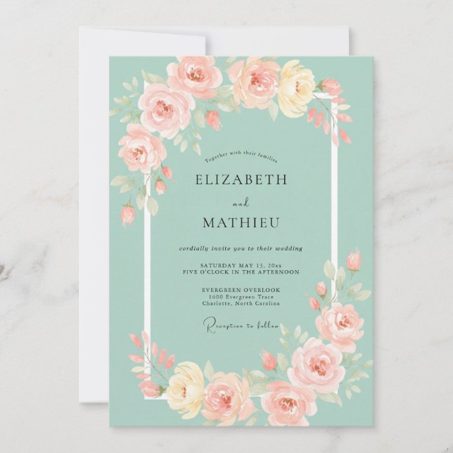 Invitation Mariage Pivoine Corail Céladon (Devant)