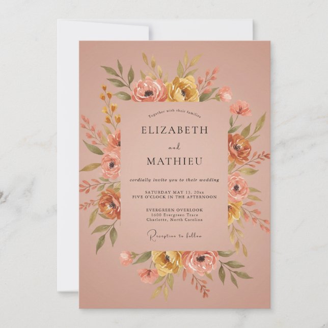 Invitation Mariage Pivoine Corail Moutarde (Devant)
