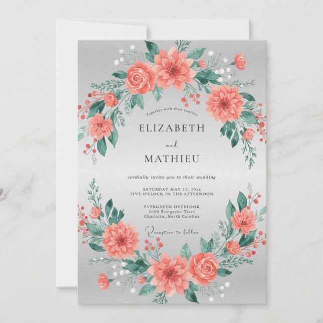 Invitation Mariage Pivoine Corail pêche (Devant)