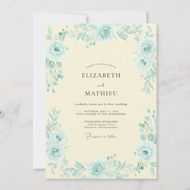 Invitation Mariage Pivoine Crème Aqua (Devant)