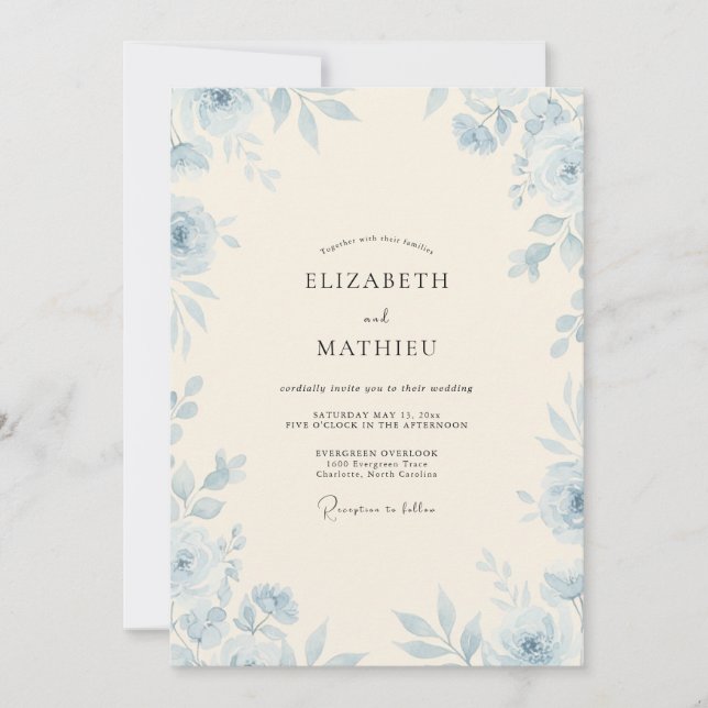 Invitation Mariage Pivoine Crème Chaude Pervenche (Devant)