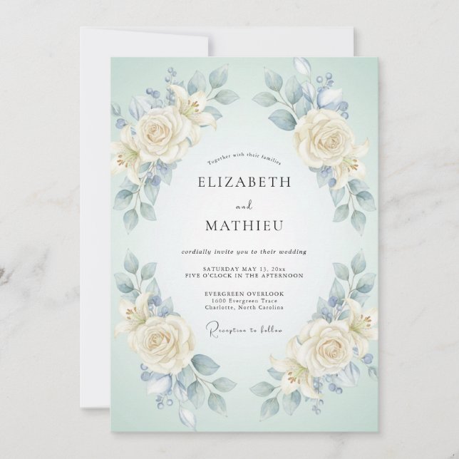 Invitation Mariage Pivoine Crème Cyan (Devant)