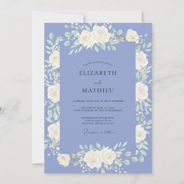 Invitation Mariage Pivoine Crème Pâle Pervenche (Devant)
