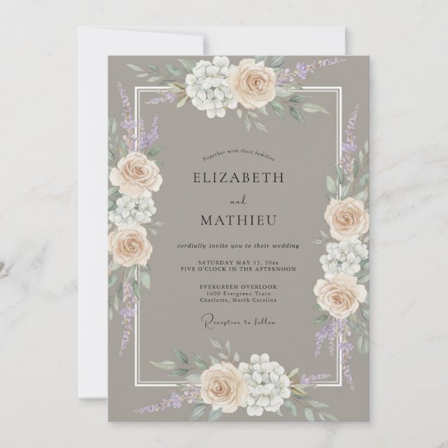 Invitation Mariage Pivoine Crème Taupe (Devant)