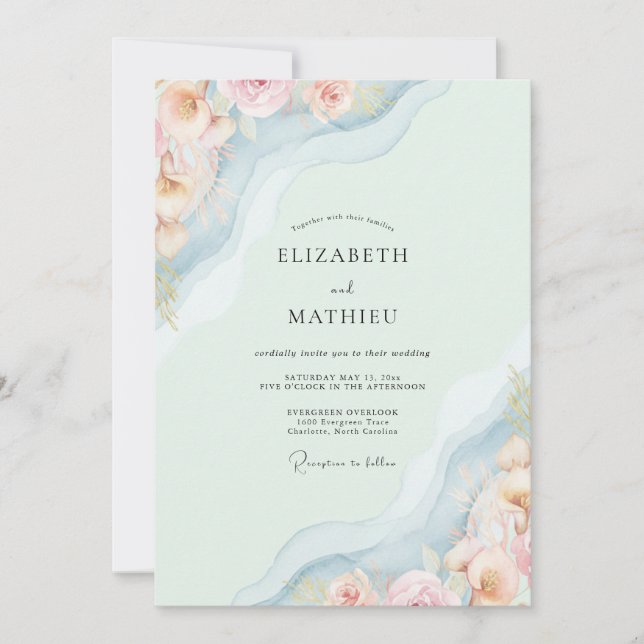 Invitation Mariage Pivoine Douce Pâleur Mousse de Mer (Devant)