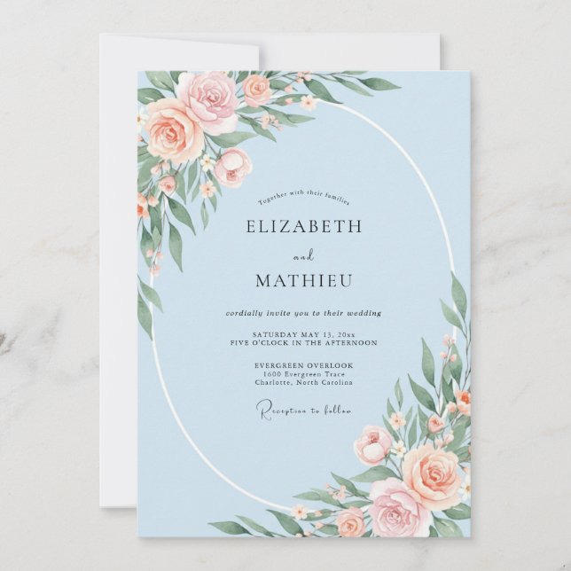 Invitation Mariage Pivoine Douce Pêche Ciel (Devant)