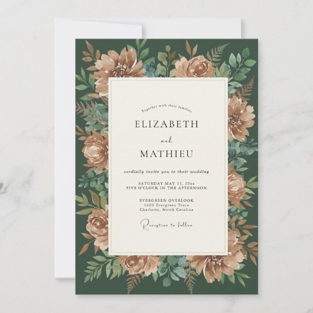 Invitation Mariage Pivoine Émeraude Rouille (Devant)