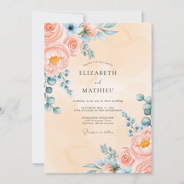 Invitation Mariage Pivoine Gracieuse Pêche (Devant)