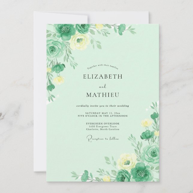 Invitation Mariage Pivoine Jaune Pâle Menthe (Devant)
