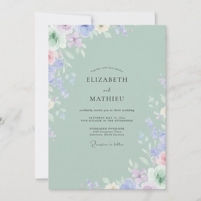 Invitation Mariage Pivoine Lilas Pâle Céladon (Devant)