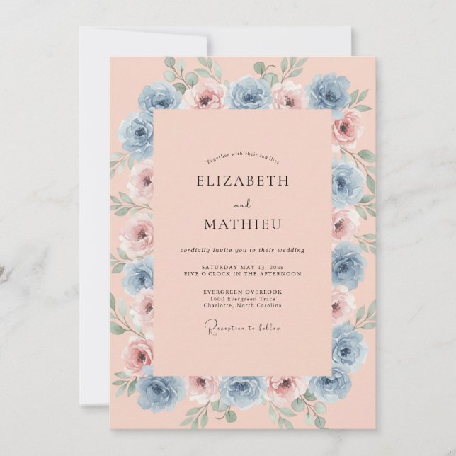 Invitation Mariage Pivoine Mauve Bleuet (Devant)