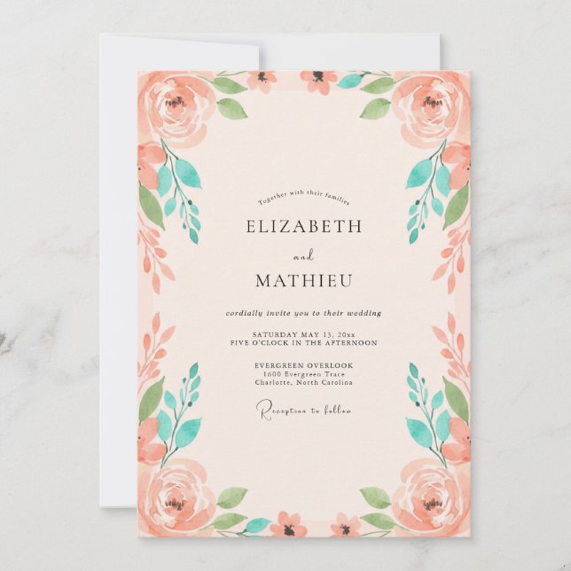 Invitation Mariage Pivoine Menthe Corail (Devant)