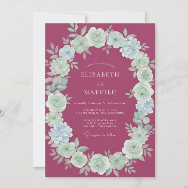 Invitation Mariage Pivoine Menthe Framboise (Devant)