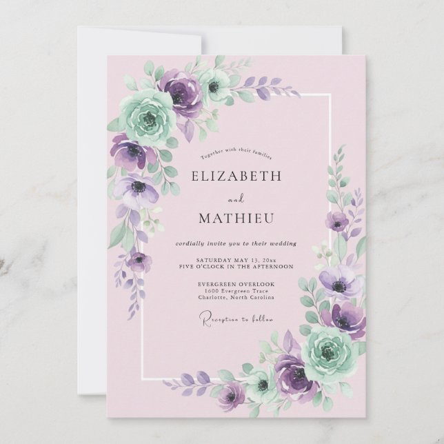 Invitation Mariage Pivoine Menthe Mauve (Devant)