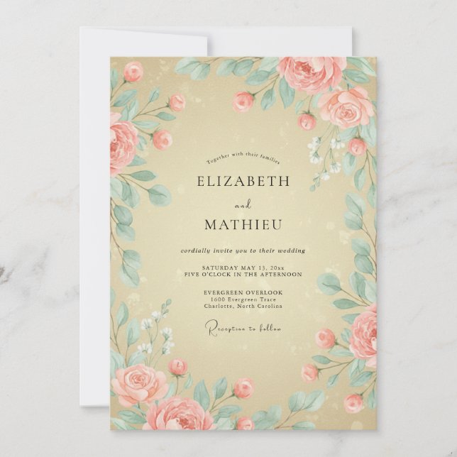 Invitation Mariage Pivoine Menthe Pêche Pâle (Devant)