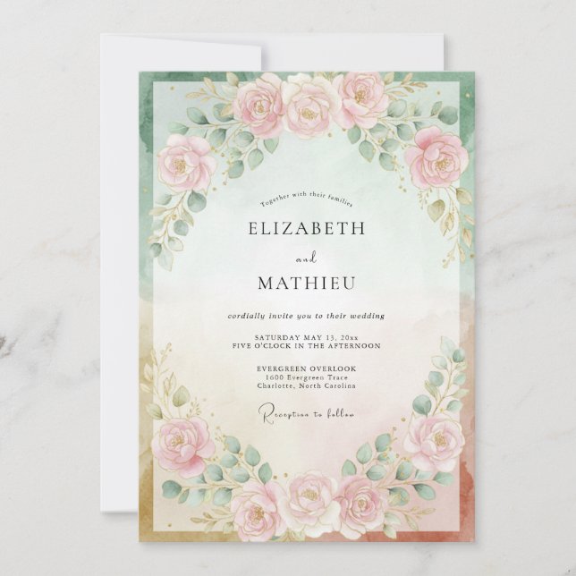 Invitation Mariage Pivoine Menthe Teintée de Rose Pâle (Devant)