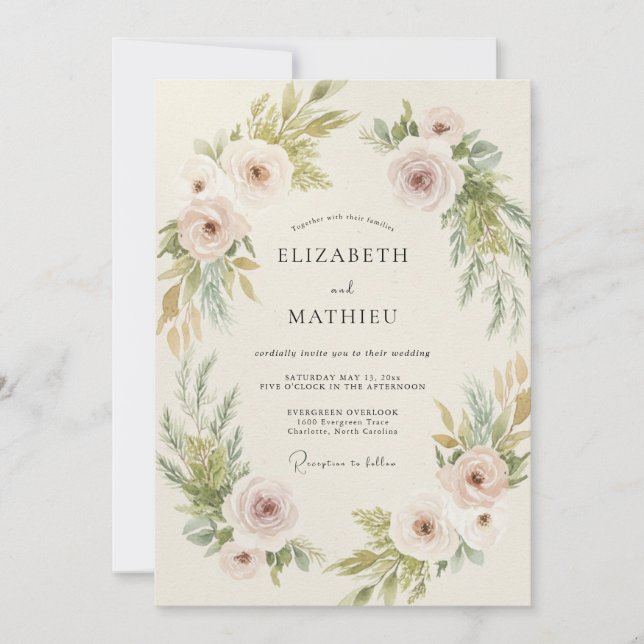Invitation Mariage Pivoine Olive Champagne (Devant)