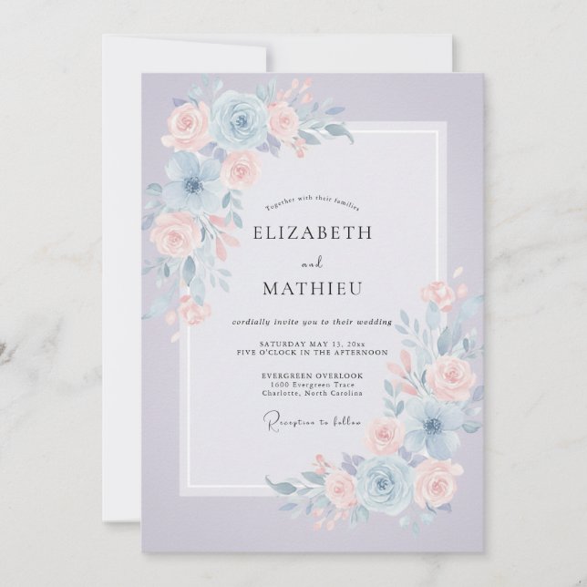Invitation Mariage Pivoine Pastel Pervenche (Devant)