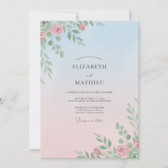 Invitation Mariage Pivoine Pêche Bleu Poudre (Devant)
