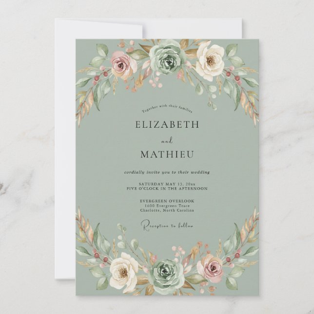 Invitation Mariage Pivoine Pêche Céladon (Devant)