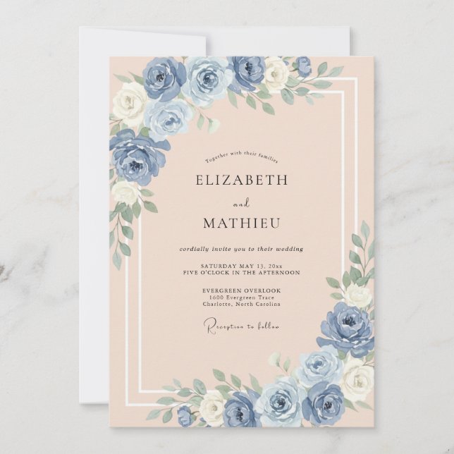 Invitation Mariage Pivoine Pêche Chaude Bleuet (Devant)