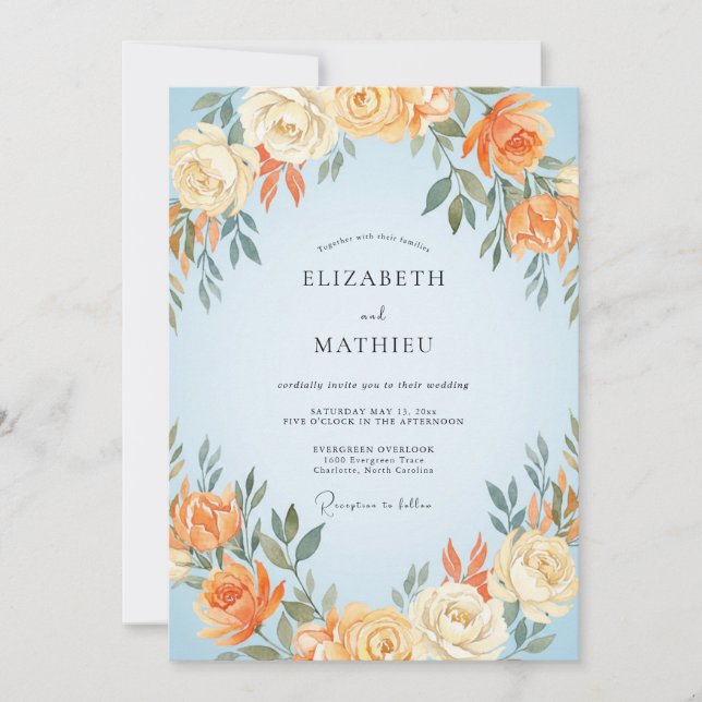 Invitation Mariage Pivoine Pêche Douce Bleuet (Devant)