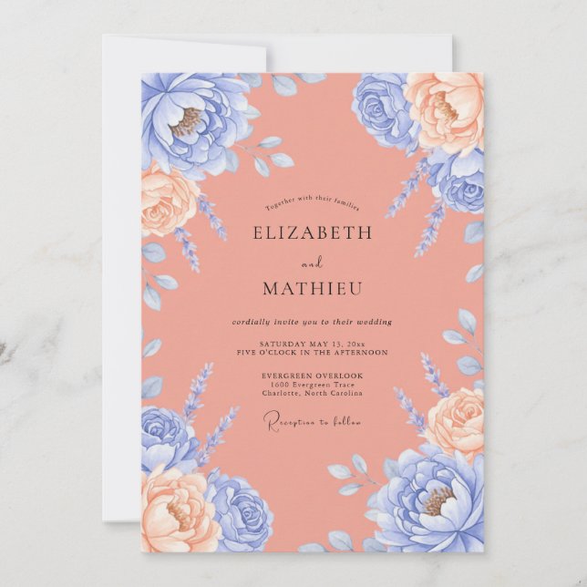 Invitation Mariage Pivoine Pêche Douce Pervenche (Devant)
