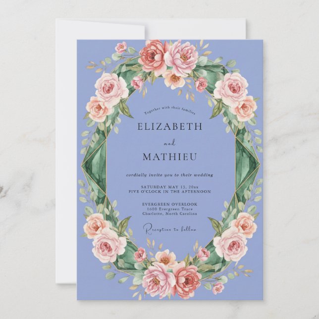 Invitation Mariage Pivoine Pêche Pervenche (Devant)