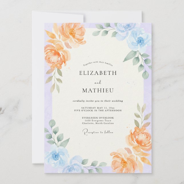 Invitation Mariage Pivoine Pêche Pérywinkle (Devant)
