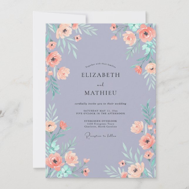 Invitation Mariage Pivoine Pêche Teintée de Pervenche (Devant)