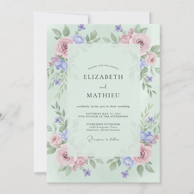 Invitation Mariage Pivoine Pervenche Céladon (Devant)
