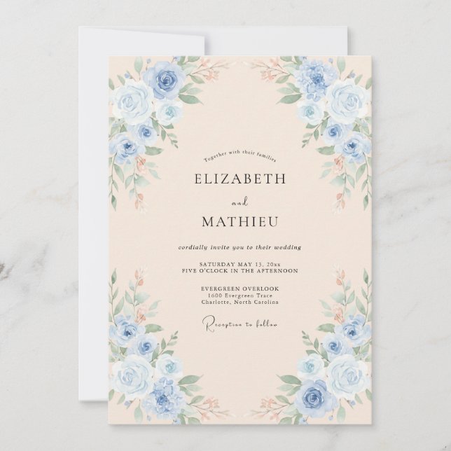 Invitation Mariage Pivoine Pervenche Champagne (Devant)