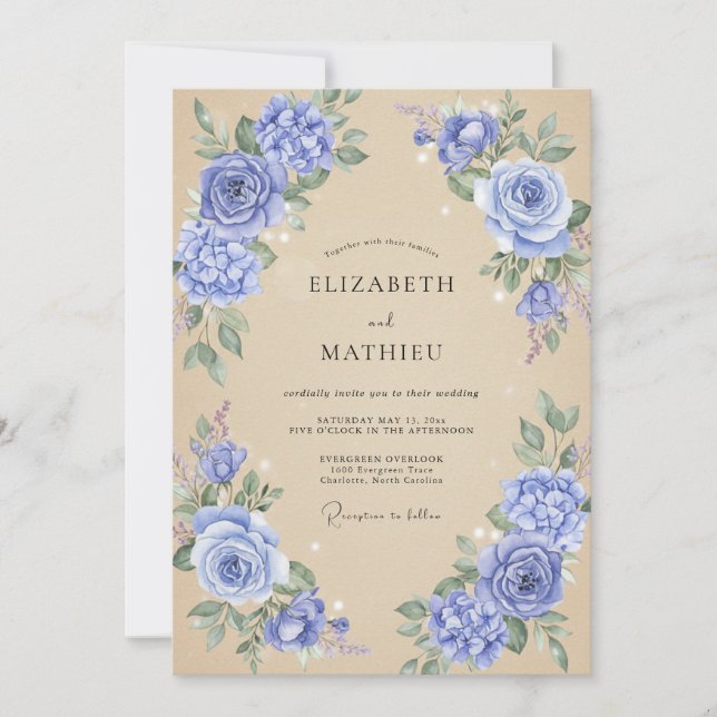 Invitation Mariage Pivoine Pervenche Champagne Douce (Devant)