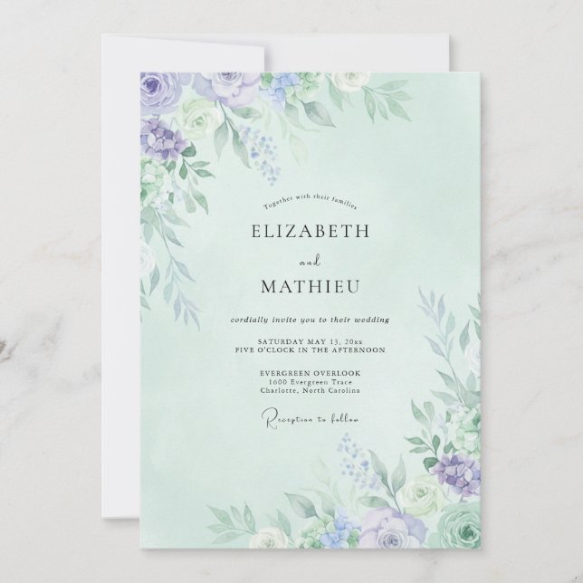 Invitation Mariage Pivoine Pervenche Menthe (Devant)