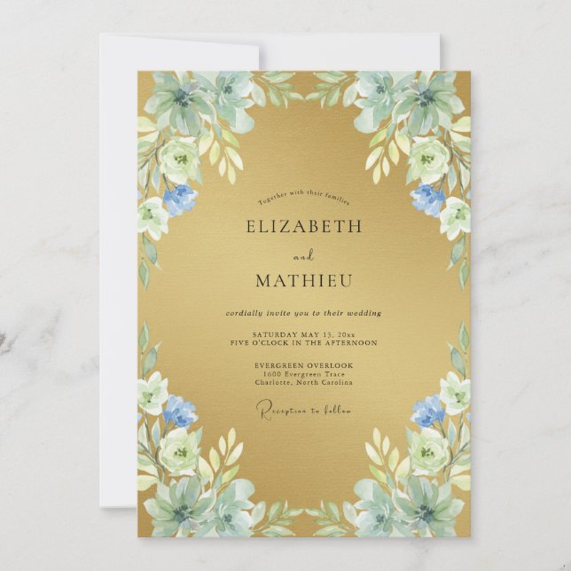 Invitation Mariage Pivoine Pervenche Or (Devant)