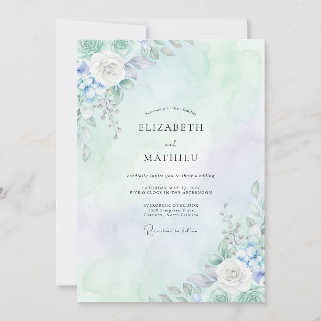 Invitation Mariage Pivoine Pervenche Pâle (Devant)