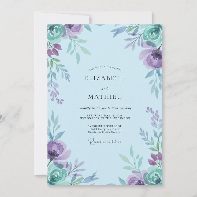 Invitation Mariage Pivoine Pérywinkle Lavande Subtile (Devant)