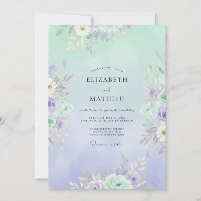 Invitation Mariage Pivoine Pérywinkle Mousse de Mer (Devant)