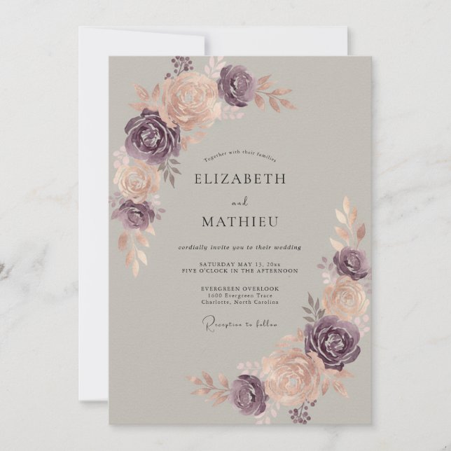 Invitation Mariage Pivoine prune Champagne (Devant)