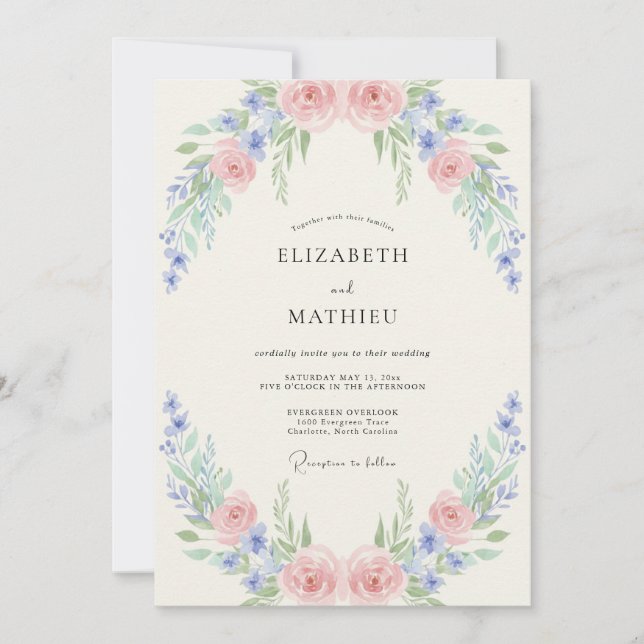 Invitation Mariage Pivoine Rose Pâle Bleuet (Devant)