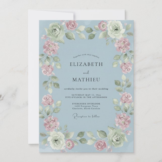 Invitation Mariage Pivoine Rose Pâle Bleuet (Devant)