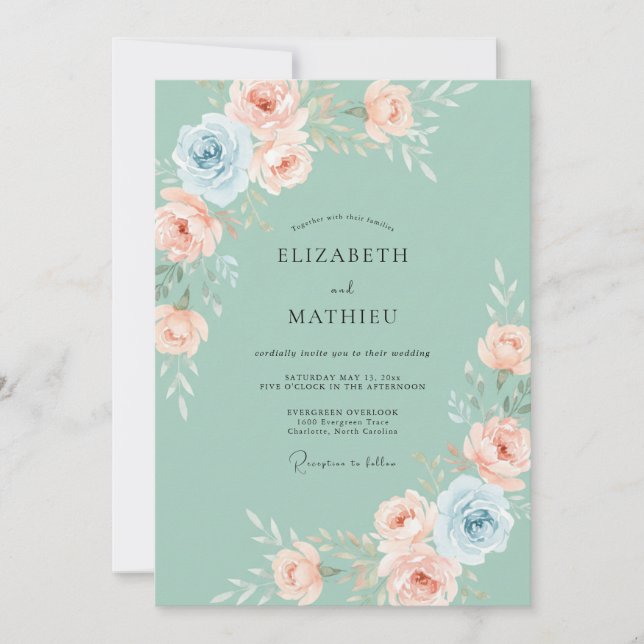 Invitation Mariage Pivoine Rose Pâle Menthe (Devant)