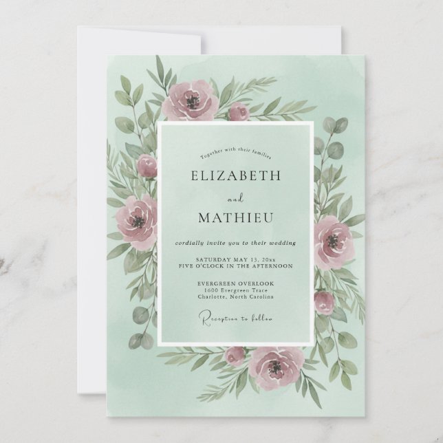 Invitation Mariage Pivoine Rose Poussiéreuse Menthe (Devant)