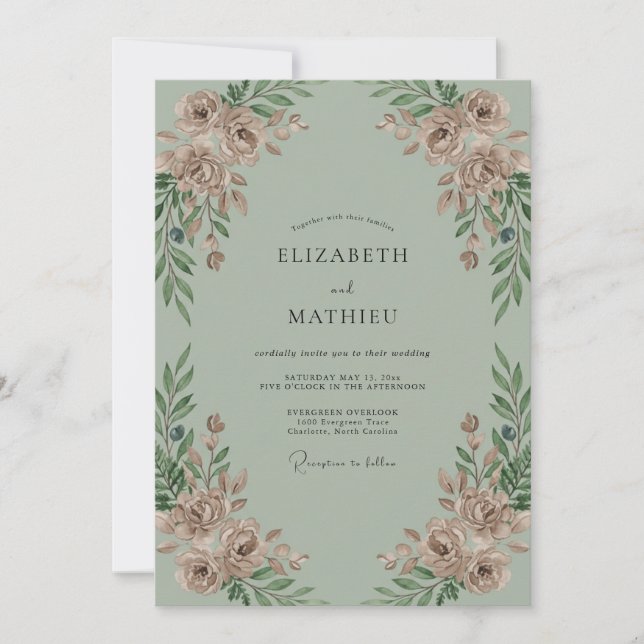 Invitation Mariage Pivoine Rouge-Céladon (Devant)