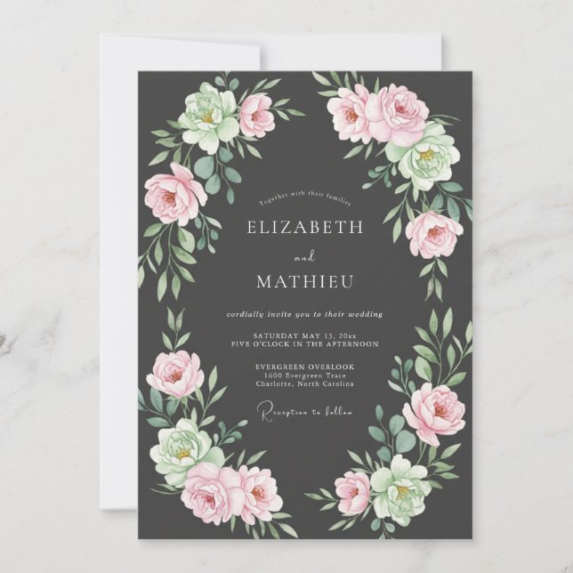 Invitation Mariage Pivoine Rouge Charbon (Devant)