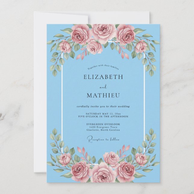 Invitation Mariage Pivoine Rougissement Céleste (Devant)
