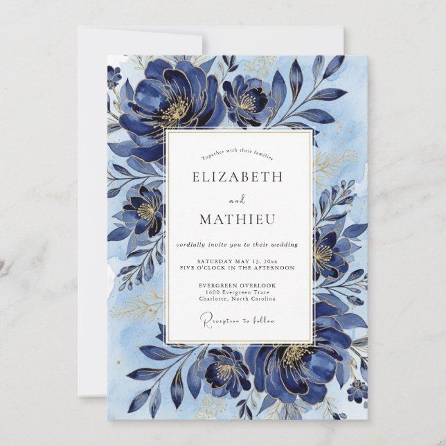 Invitation Mariage Pivoine Royale Indigo (Devant)