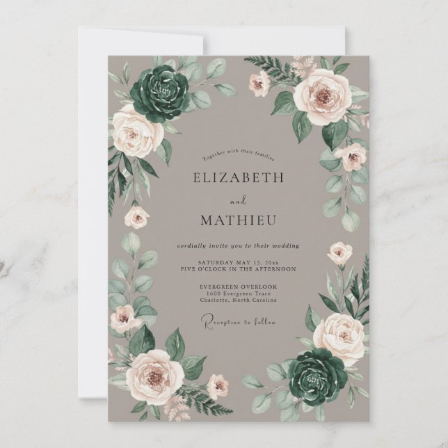 Invitation Mariage Pivoine Succulente Taupe (Devant)